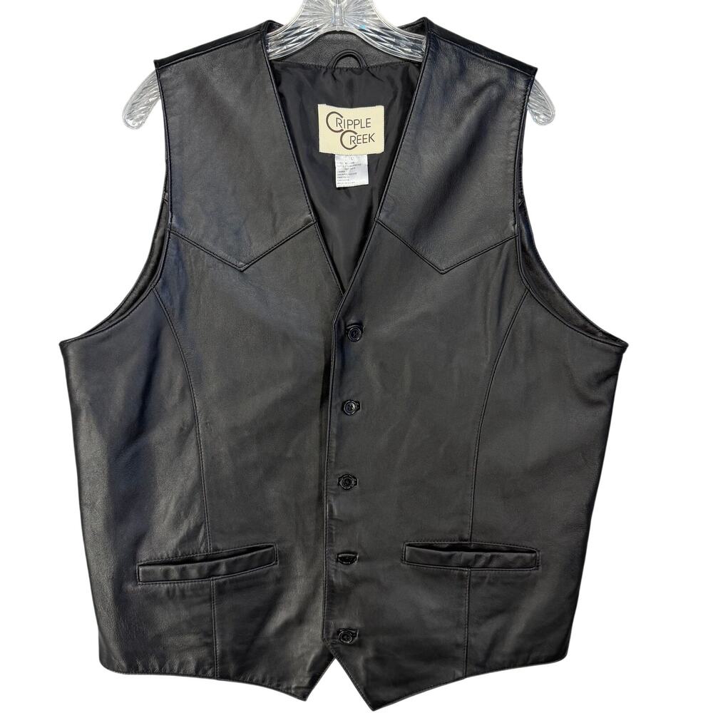Cripple Creek Black Leather Western Vest Men’s L Button Front Cowboy Biker